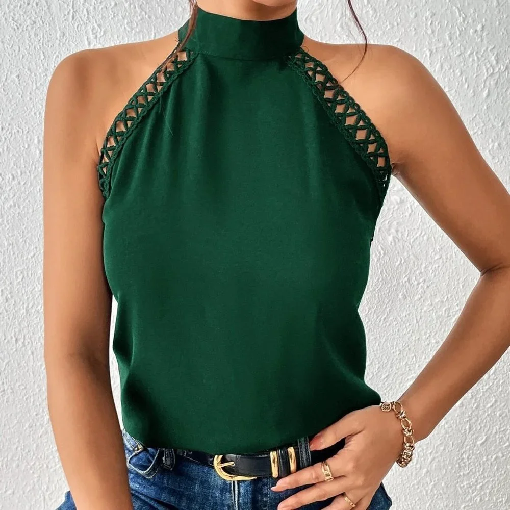 Green Boho Womens Tie Backless Ruffle Trim Peplum Blouse - Picture 2 of 5